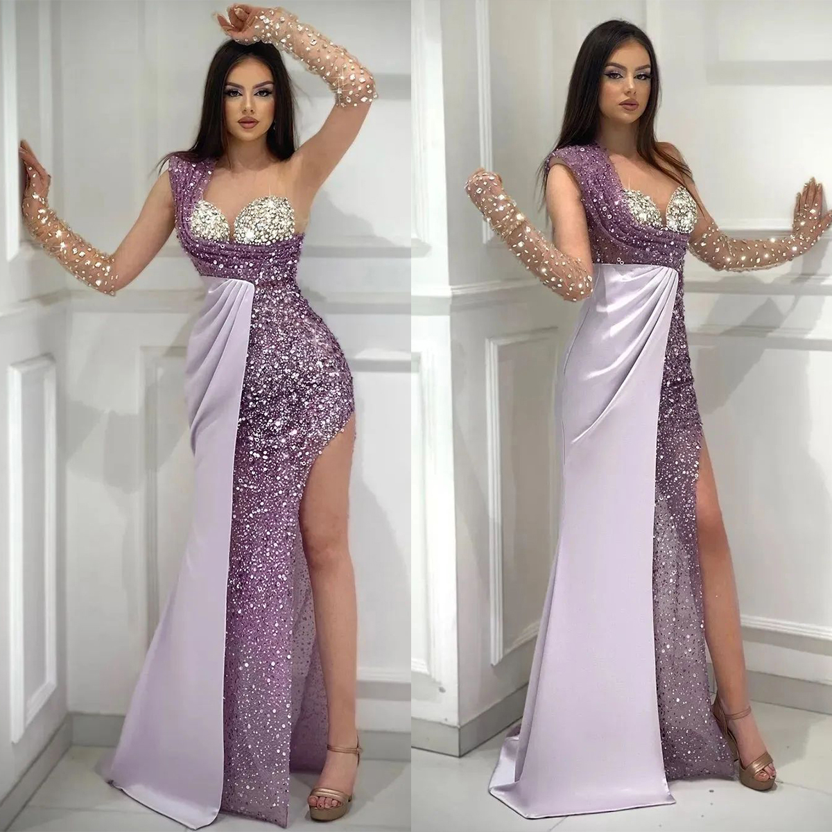Shining Mermaid Prom Dresses Art Deco Inspired Neck One Shoulder Sequined Side Split Or Length Custom Made Plus Size Party Dress Vestido De Noite Lz03