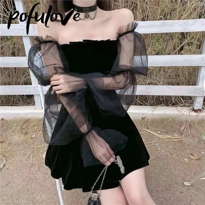 Casual Dresses Gaun Y2k Rok Mini Wanita Hitam Gaya Seksi Atasan Tabung Berlipat Tulle Lengan Panjang Bahu Terbuka Prom Pendek Musim Panas Gotik 230510
