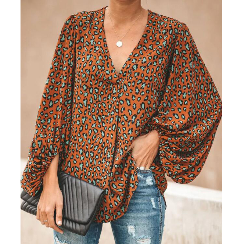 Women's Blouses Shirt Leopard Print Blouse Lady Loose Vneck Long Lantern Sleeve Plus Size Tops AM2258 230510