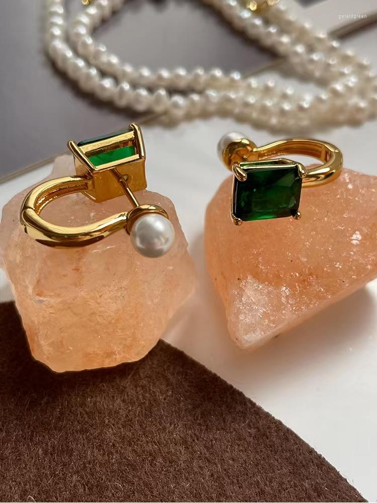 Stud Earrings Vintage Emerald Stone Pearl Premium Reversible Buckles Niche