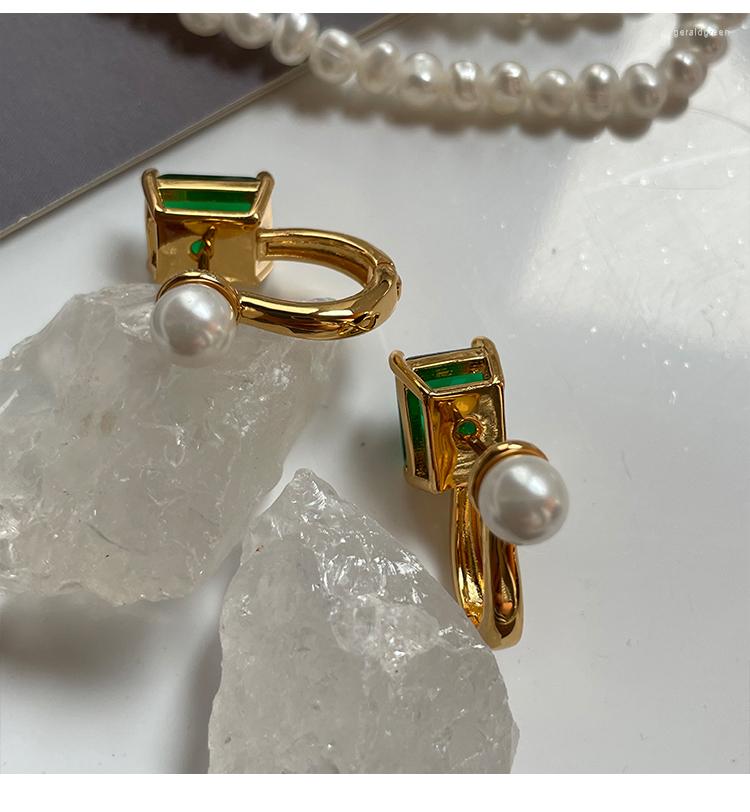 Stud Earrings Vintage Emerald Stone Pearl Premium Reversible Buckles Niche