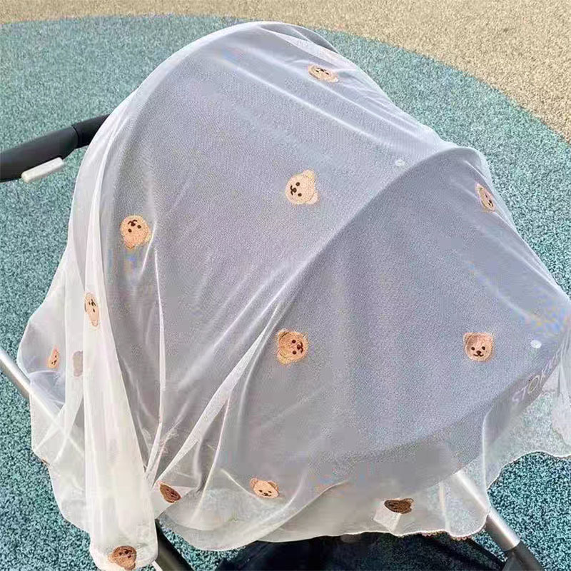 Crib Netting Baby Stroller Cover Breathable Mesh Mosquitoes Net Cartoon Embroidery Bear Sunshade Windshield Sunscreen Curtain 230510