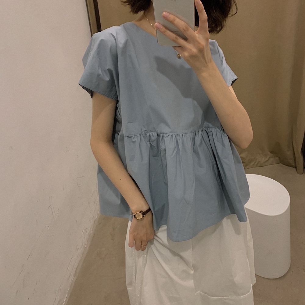 Women's Blouses Shirts Cute O Neck Ruffle Short Sleeve Tops Summer White Yellow Blue Blouse Women High Waist Korean Elegant Peplum Kawaii Holiday