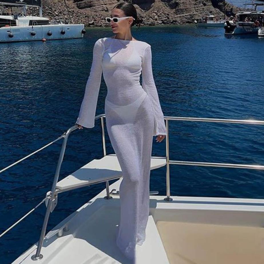 Women's Swimwear 4 Yiiciovy Wrapped Beach Dress Bikini Coverups Long Sleeve Round Neck See Through Sunscreen Backless Dresses