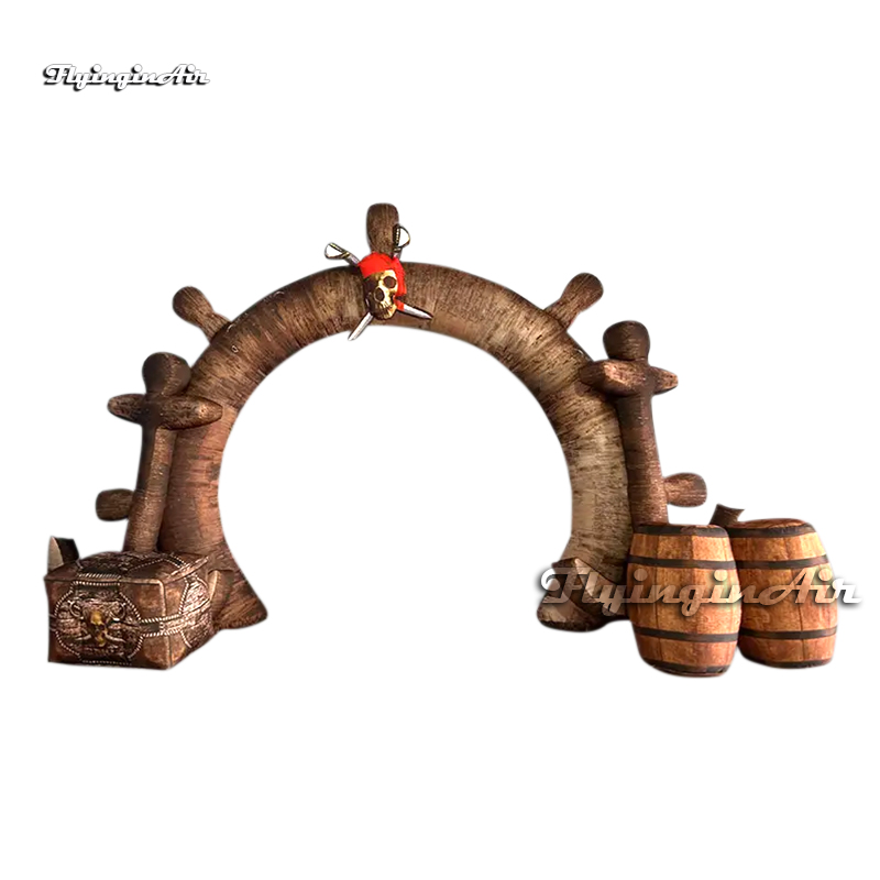 Amazing Sea Theme Party Inflatable Arch Skull Pirate Ship Rudder Replica Door With Casks And Treasure Chest For Club Entrance Decoration