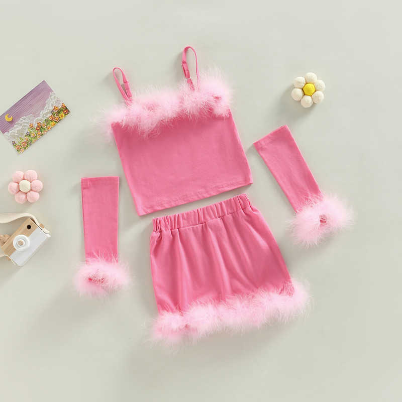 Clothing Sets 1-6Y Kids Girls Autumn Clothes Baby Furry Trim Sleeveless Tops with Oversleeve + Short Skirts 3Pcs Children Fashion Outfit Y23
