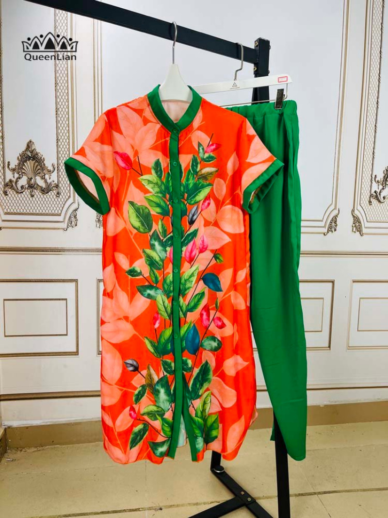 Ethnic Clothing Fashion Casual Set African Long Top Womens Printed Pullover Chiffon Shirt Pencil Pants 88 # 230510