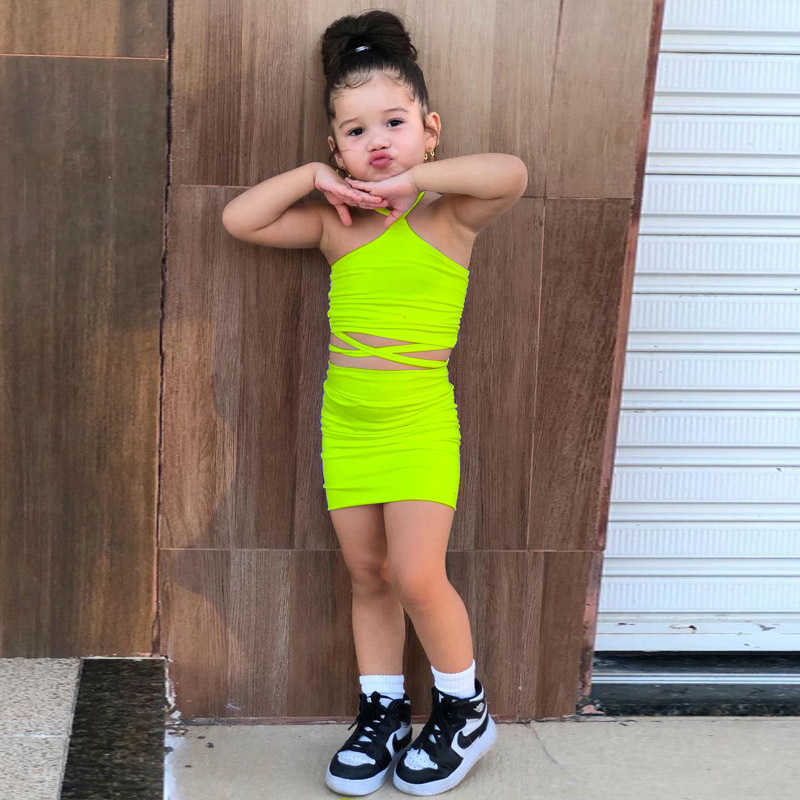 Clothing Sets 2023 Summer Kids Clothes 2 piece Criss Cross Halter Crop Tops+Skirts Suits Bandage Neon Green Skirts For Girls 1-8Y Y23