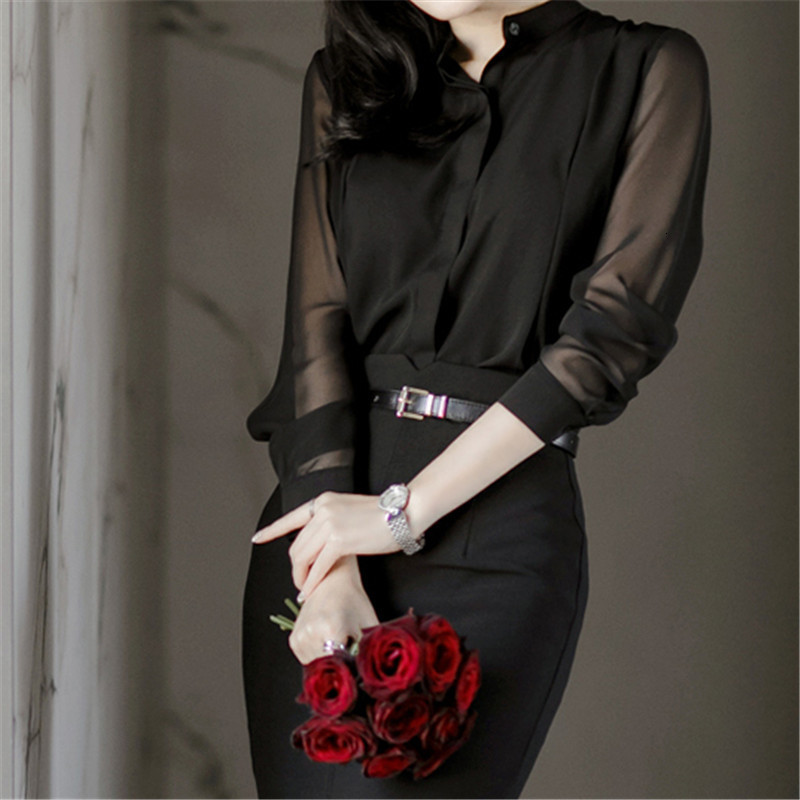Women's Blouses Shirt Mesh Patchwork Chiffon Blouse Spring Sexy See Through OL Tops Casual Black Long Sleeve Slim Office s 230510