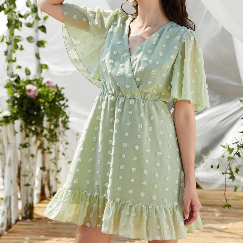 

Casual Dresses Fashion Summer Women Sweet Wind Flounced Sleeve Gauze Hem Dress V Neck Short High Waist Solid Color A-line Mini For Office, Pink