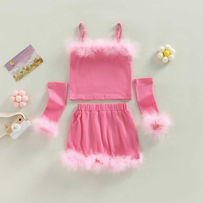 Clothing Sets 1-6Y Kids Girls Autumn Clothes Baby Furry Trim Sleeveless Tops with Oversleeve + Short Skirts 3Pcs Children Fashion Outfit Y23