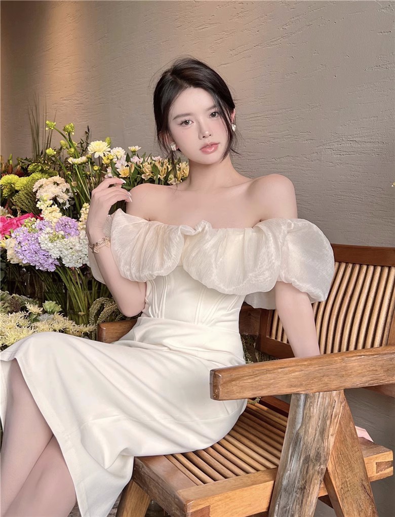 Womens slash neck sexy party dresses off shoulder puff short sleeve slim waist pencil midi long dress SML