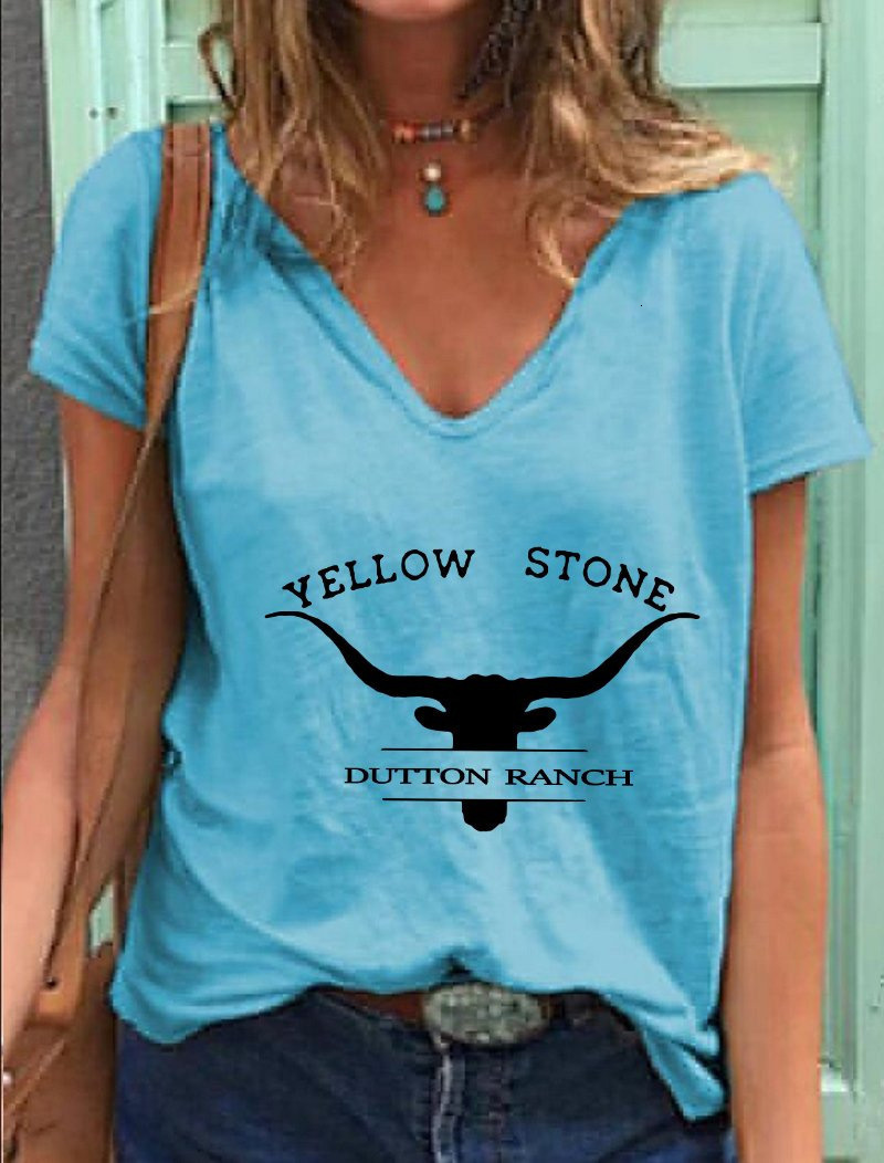 Women's TShirt YELLOWSTON Woman Tops Casual Cotton Vneck Sleeveless Tshirt Female Loose Printed Tee Femal Sexy Clothing Mujer Camisetas 230510Z