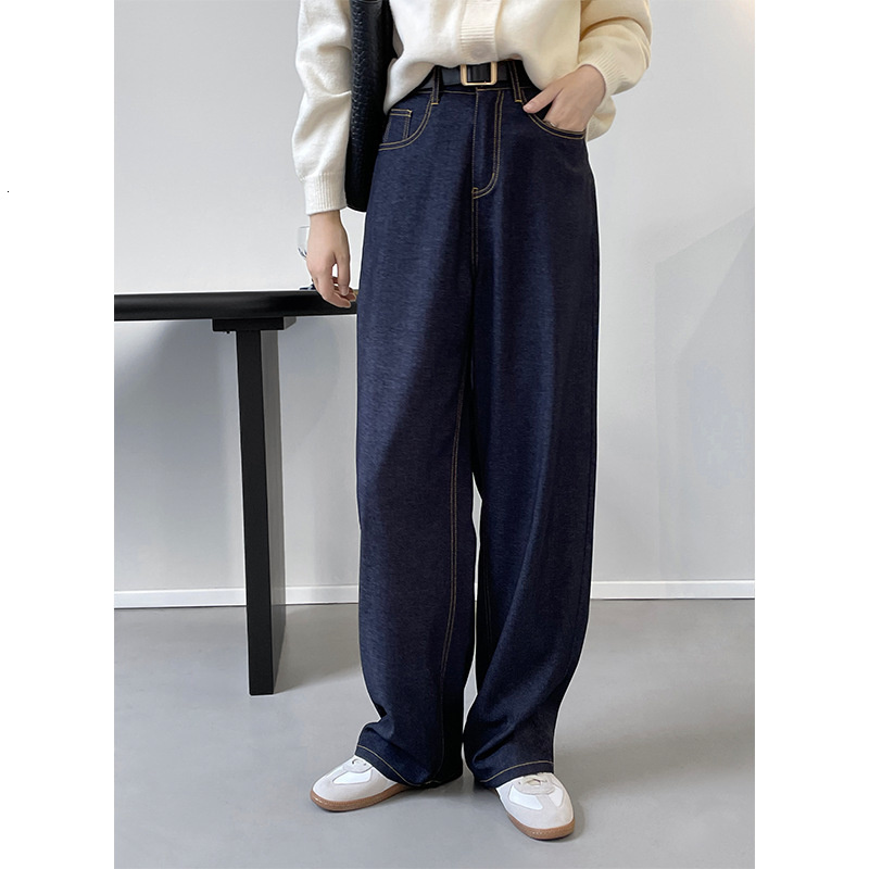 Women's High Waist Dark Blue Bright Line Straight Jeans Thin Wide Leg Denim Pants 230510 Z260314