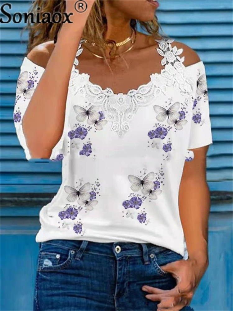 Women's TShirt Summer Sexy Lace Short Sleeve Off Shoulder VNeck Women s Ladies Floral Print Street Tops Female Casual Loose 230510