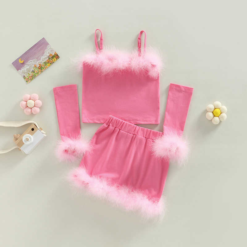 Clothing Sets 1-6Y Kids Girls Autumn Clothes Baby Furry Trim Sleeveless Tops with Oversleeve + Short Skirts 3Pcs Children Fashion Outfit Y23