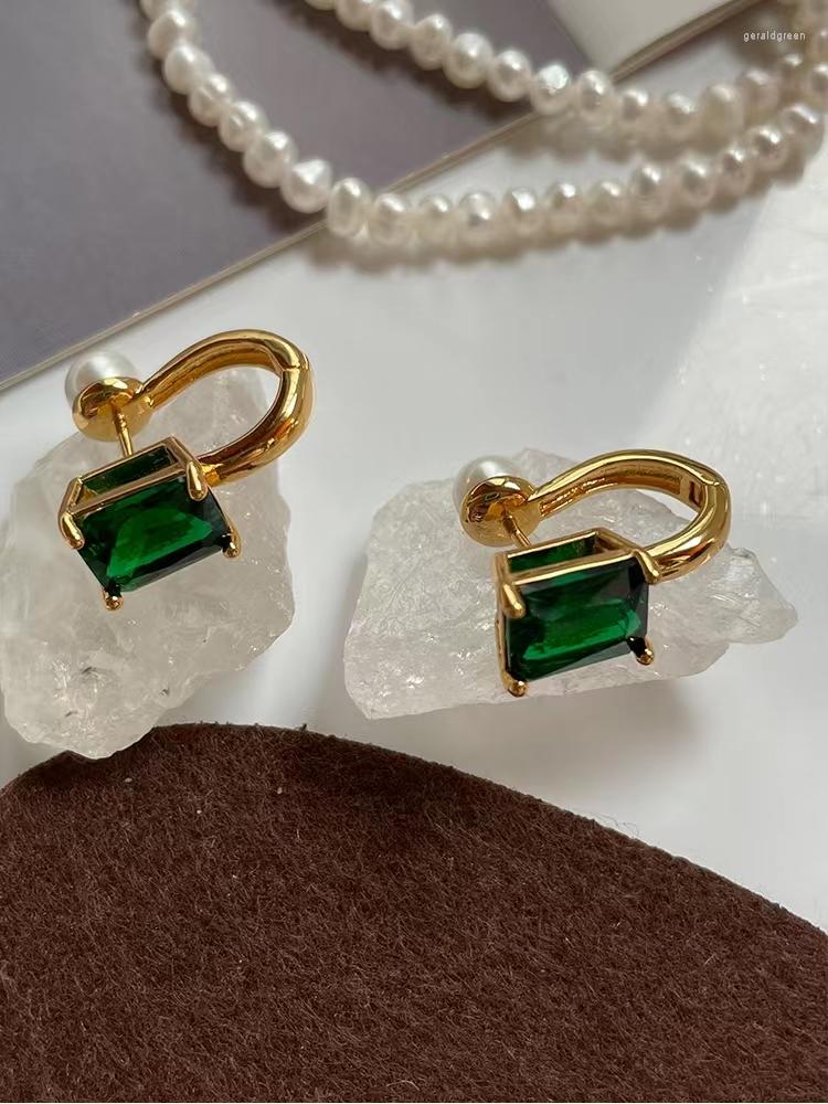 Stud Earrings Vintage Emerald Stone Pearl Premium Reversible Buckles Niche