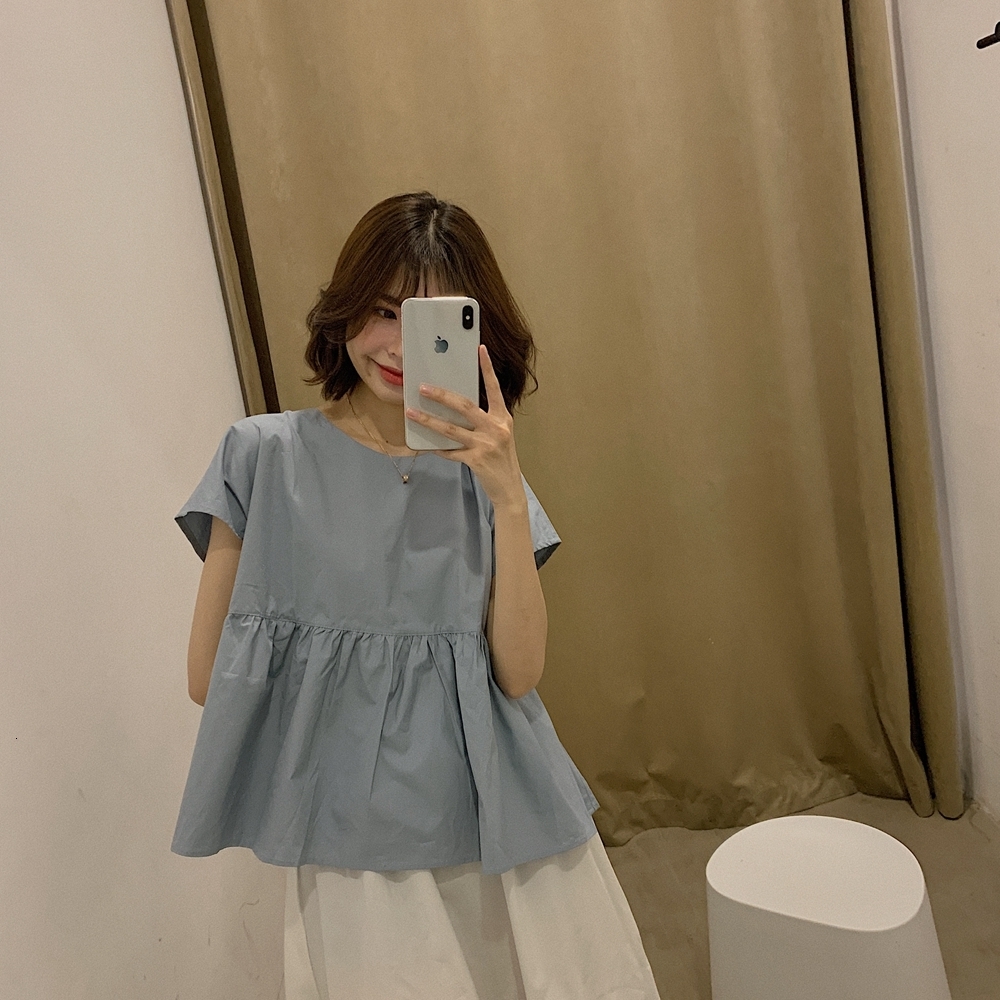 Women's Blouses Shirts Cute O Neck Ruffle Short Sleeve Tops Summer White Yellow Blue Blouse Women High Waist Korean Elegant Peplum Kawaii Holiday