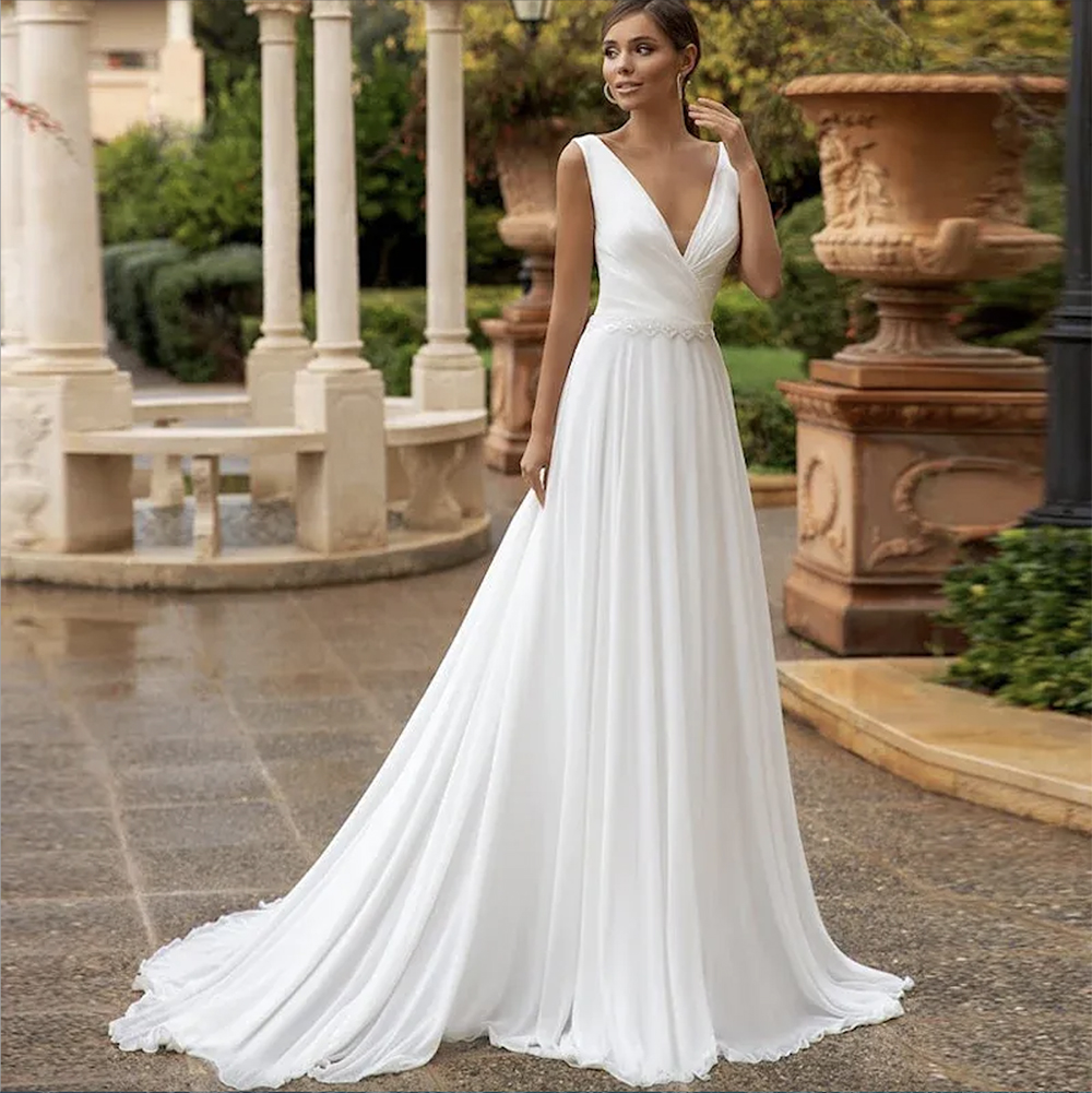 Simple Bohemian Beach Lace A Line Wedding Dresses Deep V Neck Pleats Draped Satin Backless Sashes Sweep Train Boho Bridal Gowns Second Reception Dress