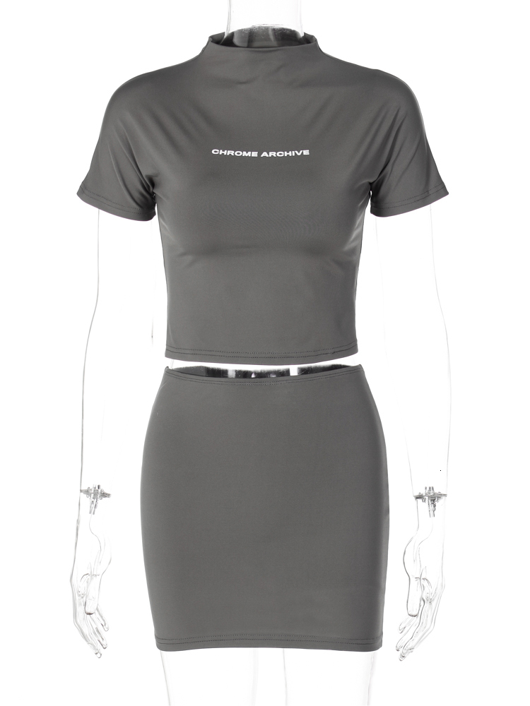 Two Piece Dress Hugcitar Rok Atasan Crop Lengan Pendek Turtleneck Solid Gambar Huruf 2 Potong Set Pakaian Fashion Musim Panas Ramping Seksi Olahraga J