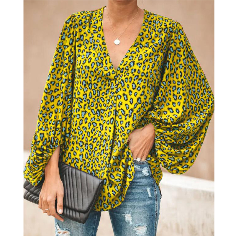 Women's Blouses Shirt Leopard Print Blouse Lady Loose Vneck Long Lantern Sleeve Plus Size Tops AM2258 230510