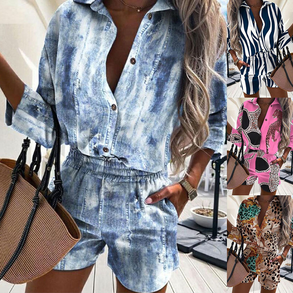 Women's Two Piece Pants Spring Leopard Print Shorts Suit Half Sleeve Shirts Tops And 2 Set Button Shirt Outfits 230510