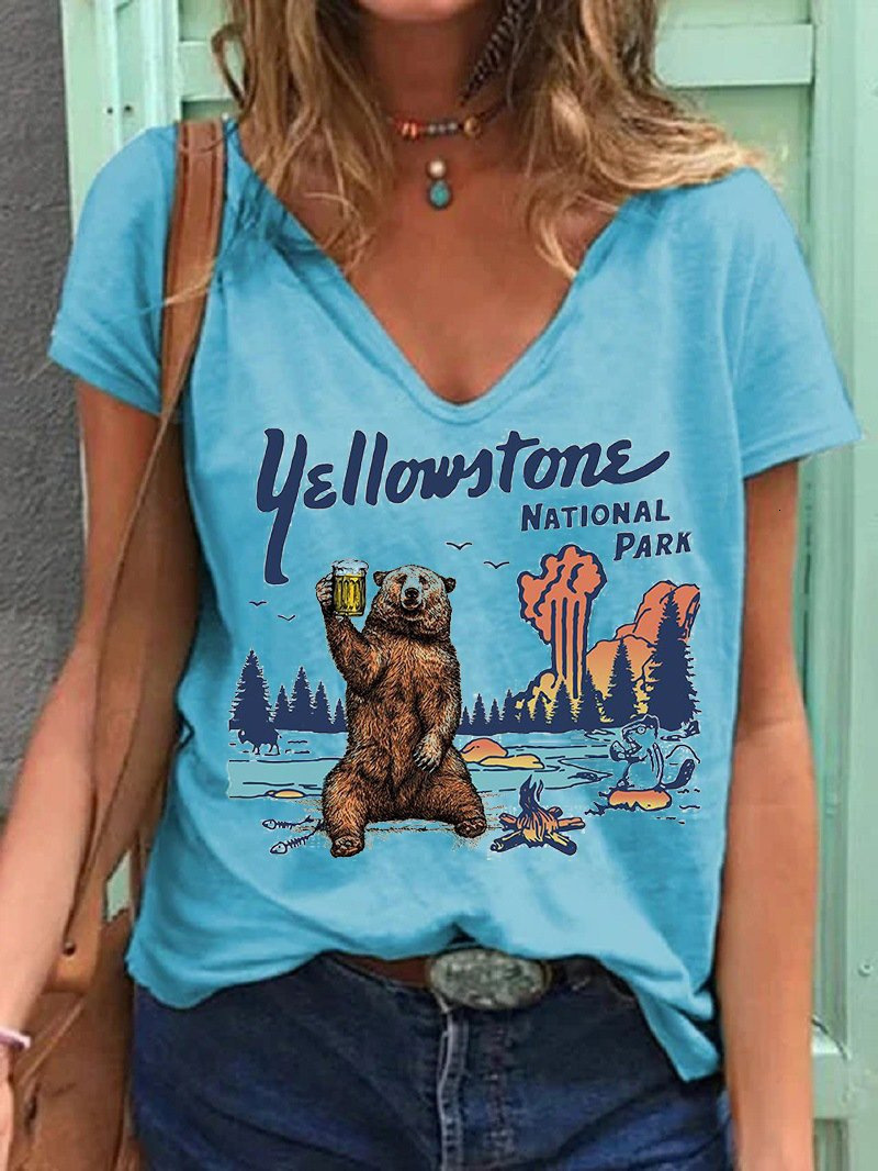 Women's TShirt YELLOWSTON Woman Tops Casual Cotton Vneck Sleeveless Tshirt Female Loose Printed Tee Femal Sexy Clothing Mujer Camisetas 230510Z