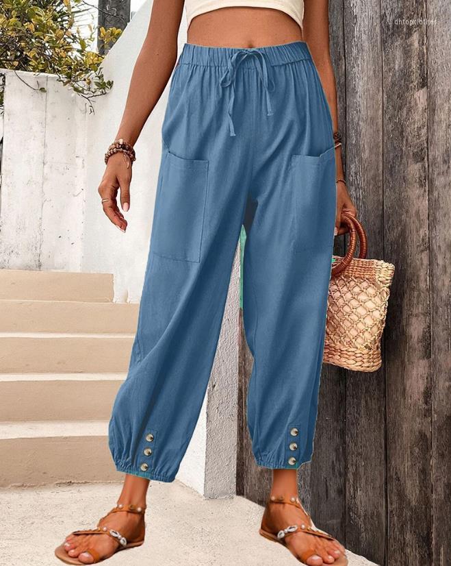 

Women' Pants Women' 2023 Fashionable Elegant High Waisted Drawstring Cuffed Solid Color For Casual Retro Street Clothing