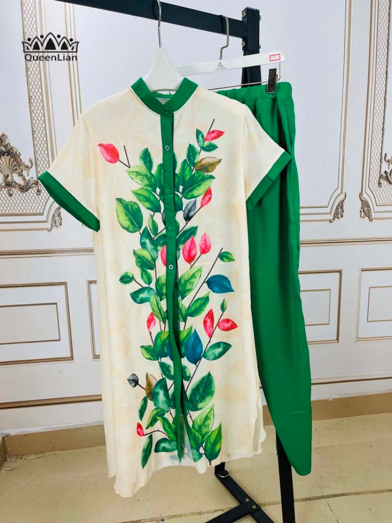 Ethnic Clothing Fashion Casual Set African Long Top Womens Printed Pullover Chiffon Shirt Pencil Pants 88 # 230510