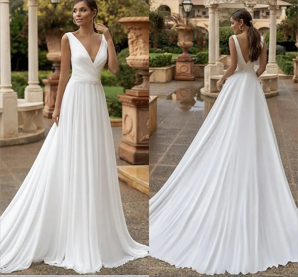Simple Bohemian Beach Lace A Line Wedding Dresses Deep V Neck Pleats Draped Satin Backless Sashes Sweep Train Boho Bridal Gowns Second Reception Dress