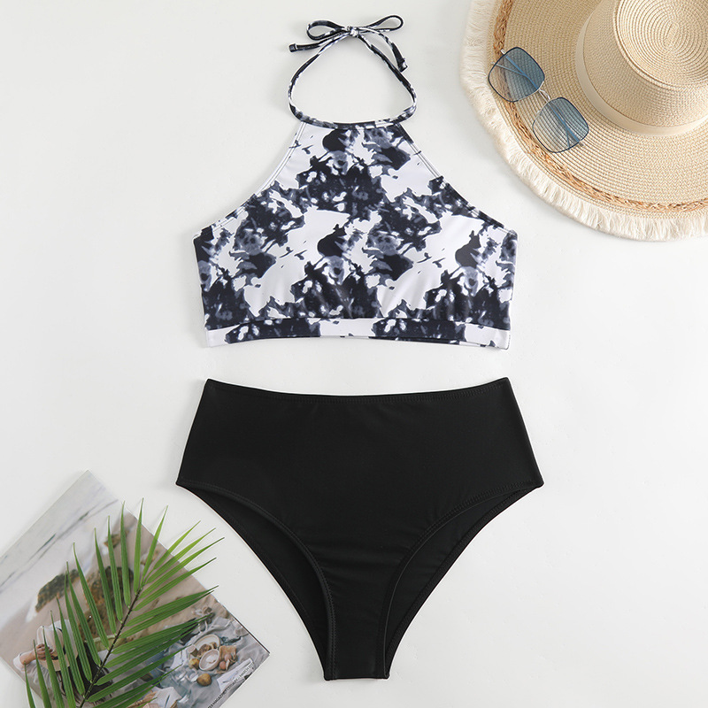 swimsuit Women's split high waist flat angle lace up printed solid color patchwork swimsuit