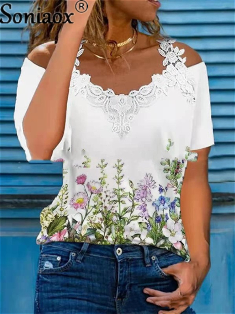 Women's TShirt Summer Sexy Lace Short Sleeve Off Shoulder VNeck Women s Ladies Floral Print Street Tops Female Casual Loose 230510