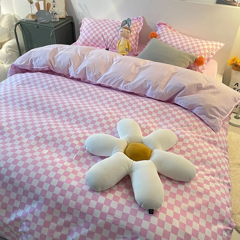 Bedding sets Nordic Pink Black Checkerboard Duvet Cover Sets With Pillow Case Bed Sheet Kids Girls King Queen Twin Kawaii 230510