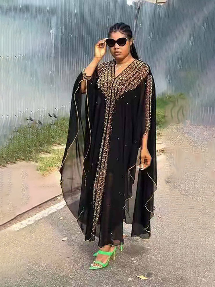 Ethnic Clothing Free Size African Sequins Dress for Women Traditional Kaftan Robe Elegant Ladies Wedding Gown Femme Party Dresses Muslim Abaya 230510
