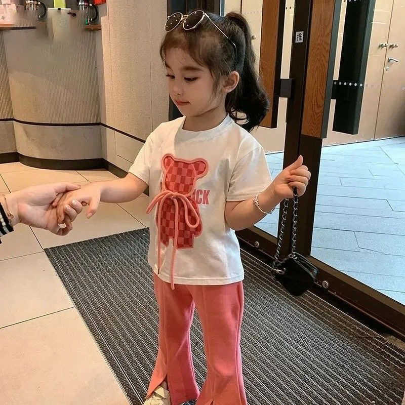 Clothing Sets 2025 Newest Summer Teens Clothes Set New Sport Bear Print Cotton Crop Top T Shirt + Wide Long Pant Suit Korea Child Tracksuit Y250424