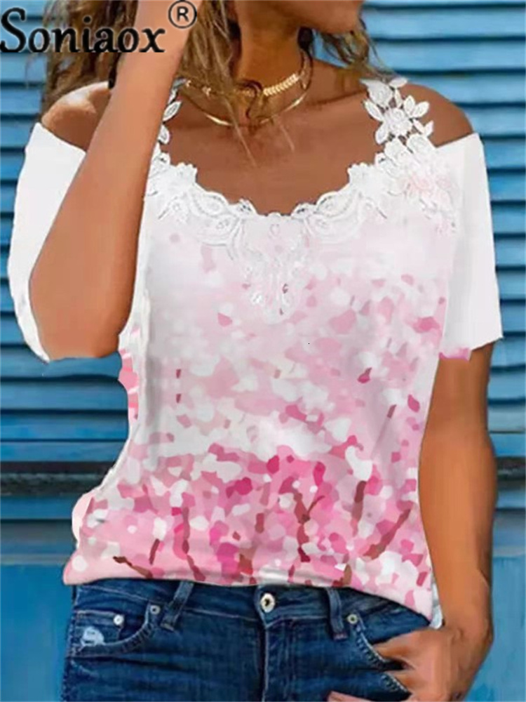 Women's TShirt Summer Sexy Lace Short Sleeve Off Shoulder VNeck Women s Ladies Floral Print Street Tops Female Casual Loose 230510