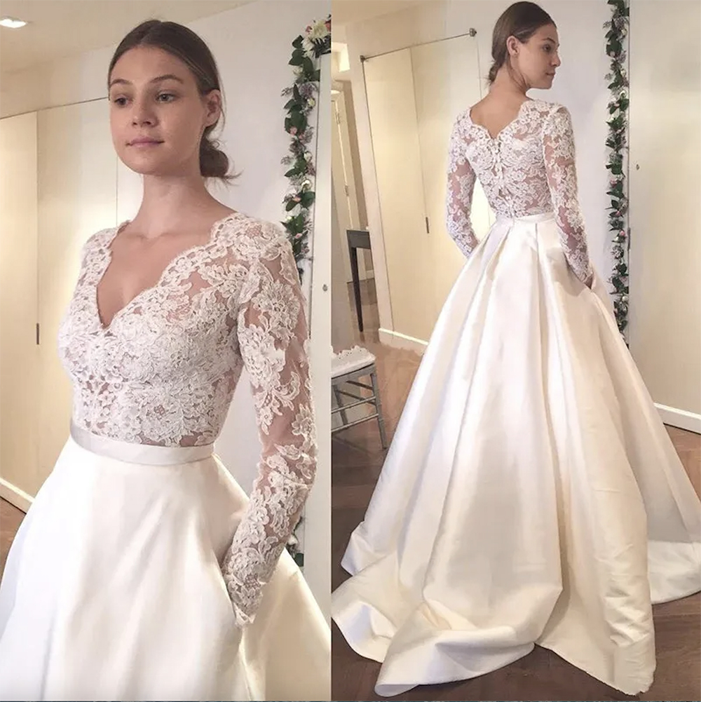 White Appliqued Lace Wedding Dresses Sexy Deep V-neck Illusion Long Sleeves A-line Wedding Gowns Bridal Dress