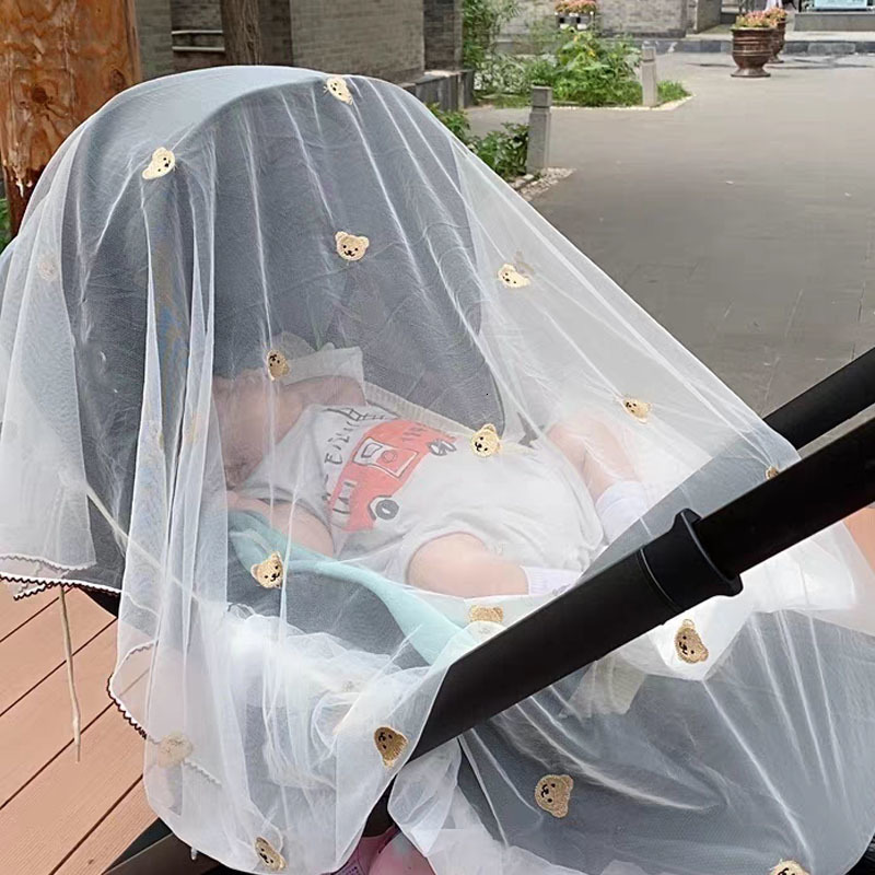 Crib Netting Baby Stroller Cover Breathable Mesh Mosquitoes Net Cartoon Embroidery Bear Sunshade Windshield Sunscreen Curtain 230510