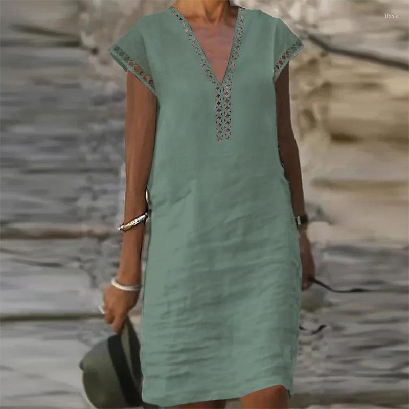 Casual Dresses Women Cotton Linen Dress Summer Fashion Solid Color Hallow Out Mini Female Oversize Mid-Sleeve Vestidos