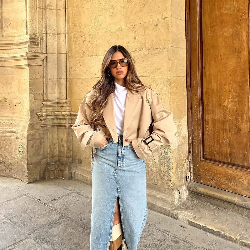 Women's Jackets Mantel Hujan Crop Khaki Jaket Desain Cropped Lengan Panjang Wanita Chic High Street Kasual Longgar Atasan 2023 Baru 230510