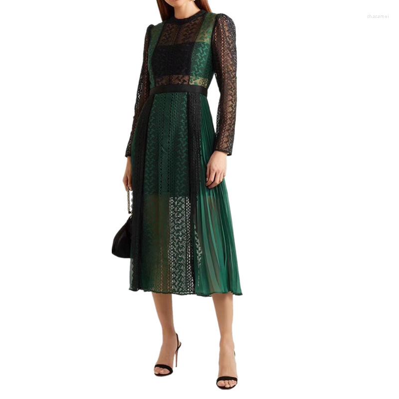 Casual Dresses 2023 Summer Quality Women Long Sleeve Runway Dress Autumn Fashion Green Patchwork Pleated Lace Self Portrait Vestidos