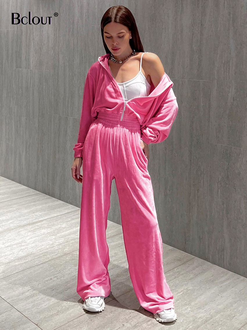Women's Two Piece Pants Bclout Spring Pink Velvet Pants Sets Womens 2 Pieces Fashion Long Sleeve Loose Sweatshirts Sports Wide Leg Trousers Suits