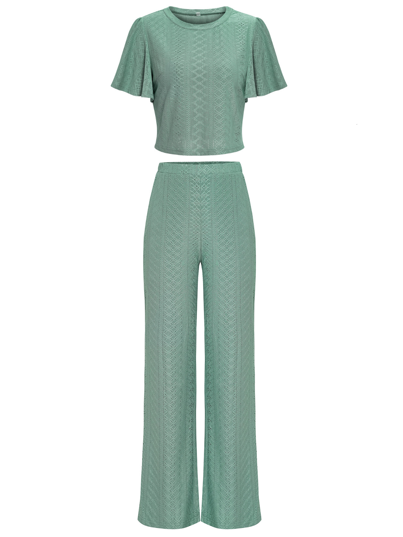 Women's Two Piece Pants Spring and Summer Women's Fashion Solid Color Casual Hollow Knitted Round Neck Trousers Suit Two Piece Sets 230511