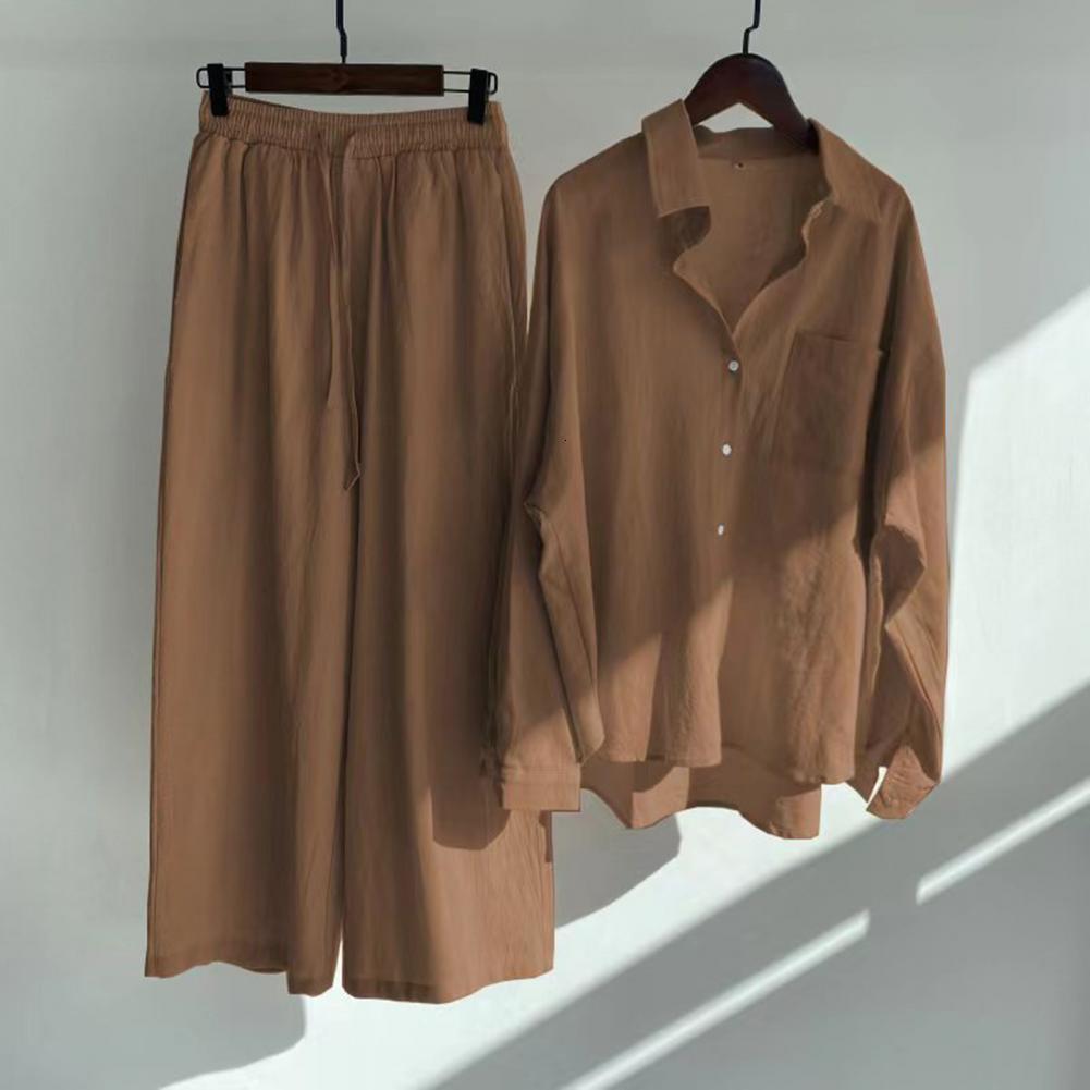 Women's Two Piece Pants Cotton Linen Shirt High Waist Wide Leg Pants Set Women's Summer Suit 5XL Oversize Fall Blouse Trousers Suit Women 