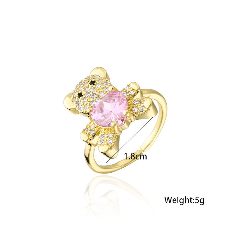 Cute Adjustable CZ Micro Pave Heart Bear Ring Copper Rings Jewelry