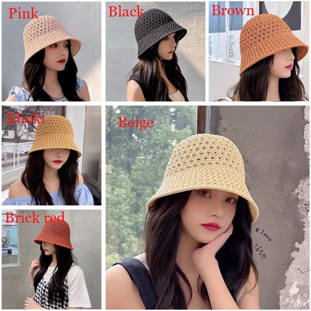 Stingy Brim Hats Bucket Hat Spring Summer Hollow Knitted Hat Solid Color Sunhat Fisherman Caps Casual Foldable Beach Cap 230511