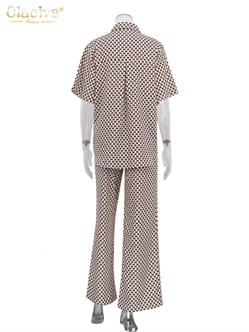 Women's Two Piece Pants Clacive Summer Short Sleeve Blouse Two Piece Set For Women Elegant Loose Print Pants Set Fashion Mid Waist Wide Trouser S