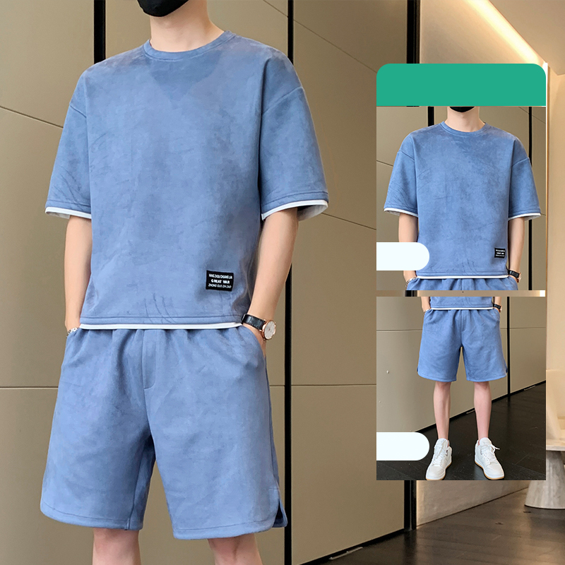 Men's Tracksuits Suede Tracksuit Mens Summer Sets O-Neck Short Sleeve Shorts Fashion Solid Color Sport Suit Men Loose T-shirts 2 Piece Set 230511