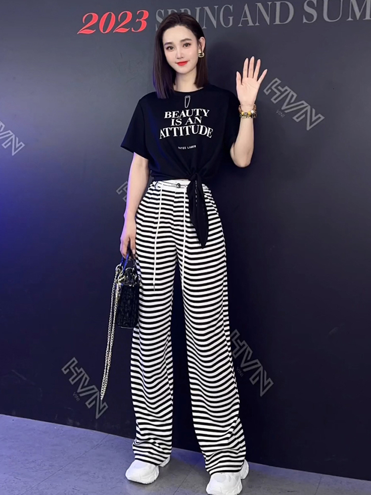 Women's Two Piece Pants Irregular Letter T Shirt Trousers Two Piece Set For Women Summer Korean Striped Wide-Leg Pants Suit Female Matching Sets 