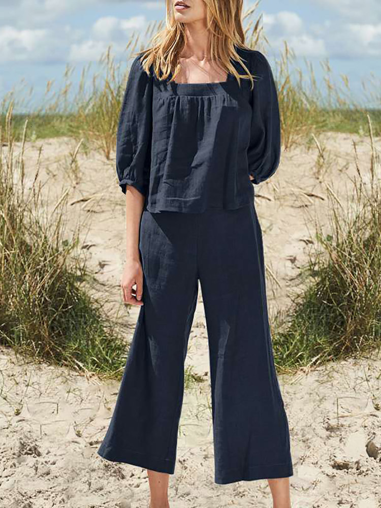 Women's Two Piece Pants Women Summer Casual Loose Streetwear Outfits Sleeveless O Neck Tops Long Pants Set Female Solid Matching Two Piece Set 23